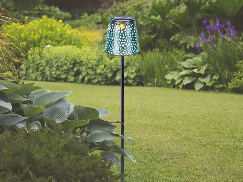 LED Solar Erdspießleuchte mit Dekorstanzungen in Silber-Blau, Höhe 70cm