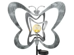 LED Solar Gartenstecker mit drehbaren Schmetterlingen in Silber-Grau, Höhe 83cm