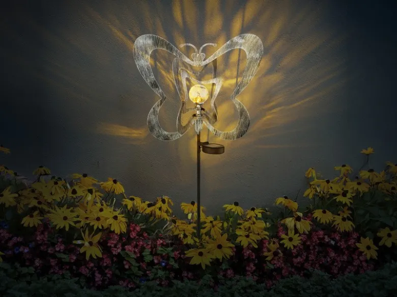 LED Solar Gartenstecker mit drehbaren Schmetterlingen in Silber-Grau, Höhe 83cm
