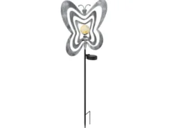 LED Solar Gartenstecker mit drehbaren Schmetterlingen in Silber-Grau, Höhe 83cm