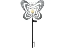 LED Solar Gartenstecker mit drehbaren Schmetterlingen in Silber-Grau, Höhe 83cm