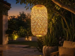 LED Solarlaterne hängend aus Bambus Korbgeflecht, Höhe 56,5cm