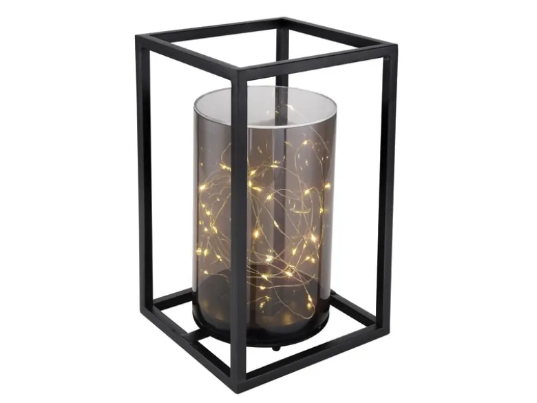 LED Solarlaterne mit rauchfarbigem Lampenschirm & Metallkäfig, Höhe 28cm