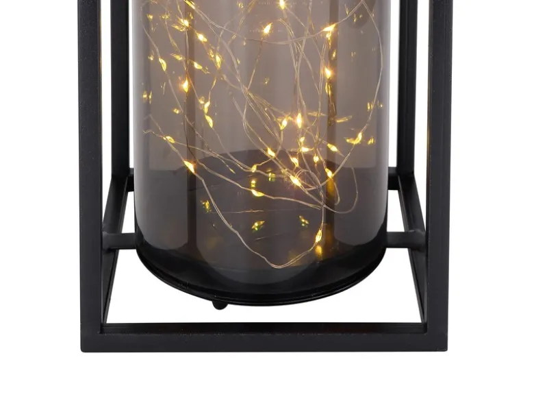 LED Solarlaterne mit rauchfarbigem Lampenschirm & Metallkäfig, Höhe 28cm