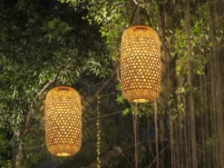 LED Solarlaternen 2er SET hängend aus Bambus Korbgeflecht Höhe 56,5cm