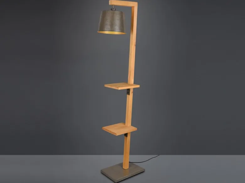 LED Stehlampe aus Holz mit Ablagen & Metallschirm Silber antik, Höhe 165cm