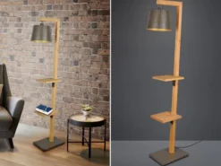 LED Stehlampe aus Holz mit Ablagen & Metallschirm Silber antik, Höhe 165cm