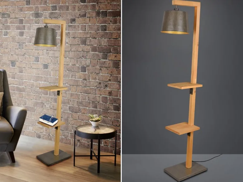 LED Stehlampe aus Holz mit Ablagen & Metallschirm Silber antik, Höhe 165cm