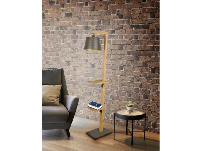 LED Stehlampe aus Holz mit Ablagen & Metallschirm Silber antik, Höhe 165cm