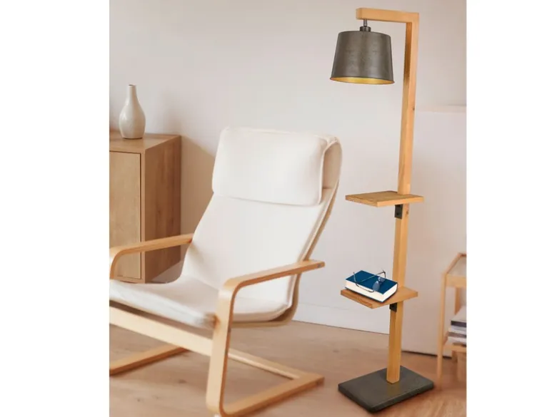 LED Stehlampe aus Holz mit Ablagen & Metallschirm Silber antik, Höhe 165cm