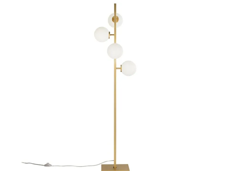 LED Stehlampe 4-flammig Gold mit Glaskugeln in Opalweiß, Höhe 150cm