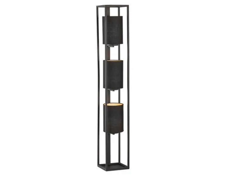 LED Stehlampe 3-flammig Schwarz Stoffschirme innen Gold, Höhe 130cm