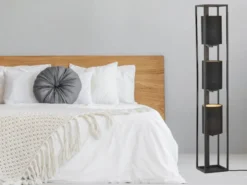 LED Stehlampe 3-flammig Schwarz Stoffschirme innen Gold, Höhe 130cm