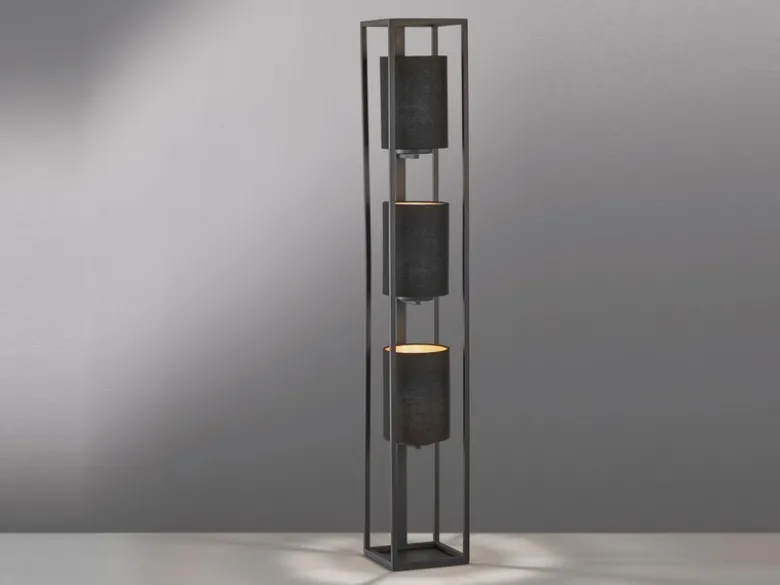 LED Stehlampe 3-flammig Schwarz Stoffschirme innen Gold, Höhe 130cm