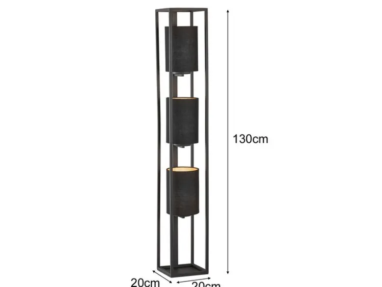 LED Stehlampe 3-flammig Schwarz Stoffschirme innen Gold, Höhe 130cm