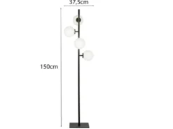 LED Stehlampe 4-flammig Schwarz mit Glaskugeln in Opalweiß, Höhe 150cm
