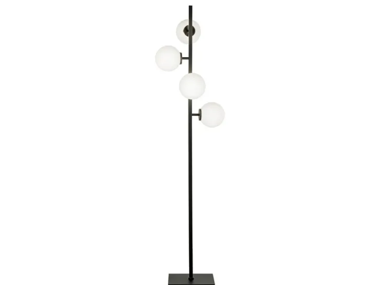 LED Stehlampe 4-flammig Schwarz mit Glaskugeln in Opalweiß, Höhe 150cm