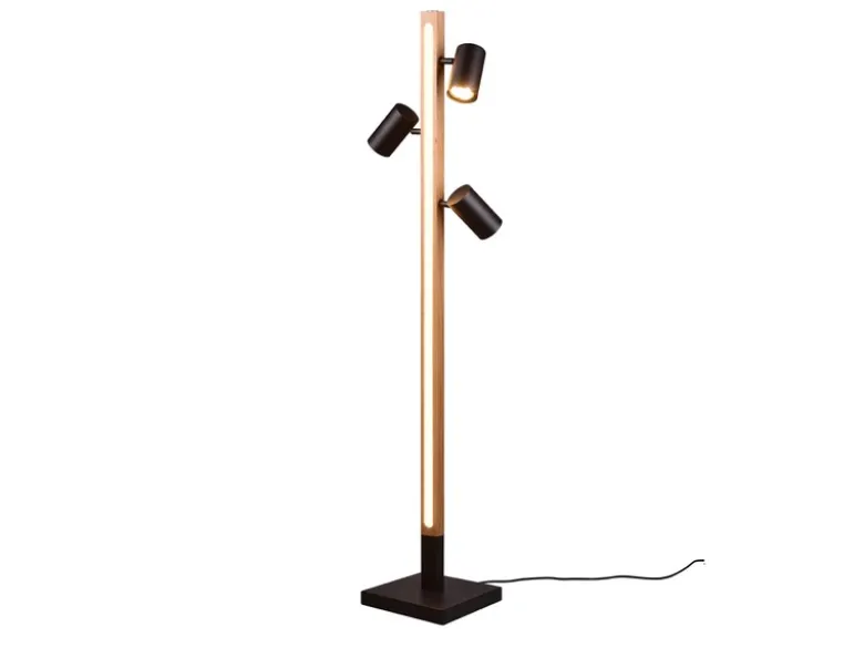 LED Stehlampe Holz / Schwarz matt, 3 Spots schwenkbar, Höhe 130cm