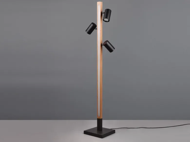 LED Stehlampe Holz / Schwarz matt, 3 Spots schwenkbar, Höhe 130cm