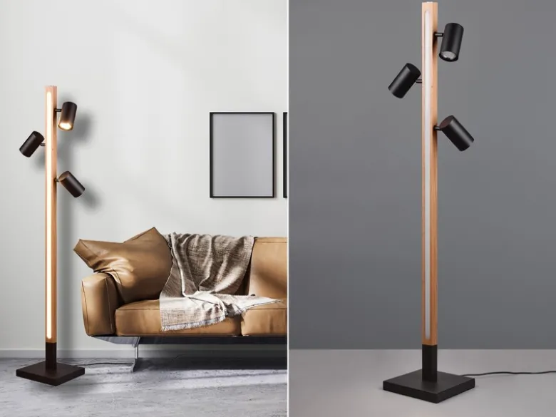 LED Stehlampe Holz / Schwarz matt, 3 Spots schwenkbar, Höhe 130cm