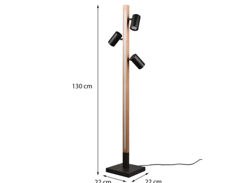 LED Stehlampe Holz / Schwarz matt, 3 Spots schwenkbar, Höhe 130cm