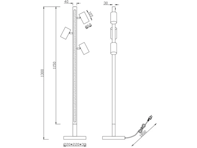 LED Stehlampe Holz / Silber matt, 3 Spots schwenkbar, Höhe 130cm