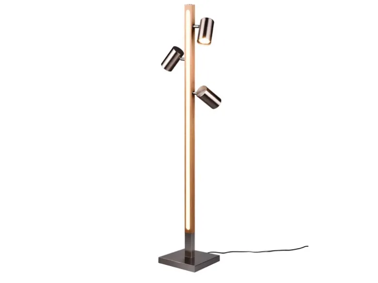 LED Stehlampe Holz / Silber matt, 3 Spots schwenkbar, Höhe 130cm