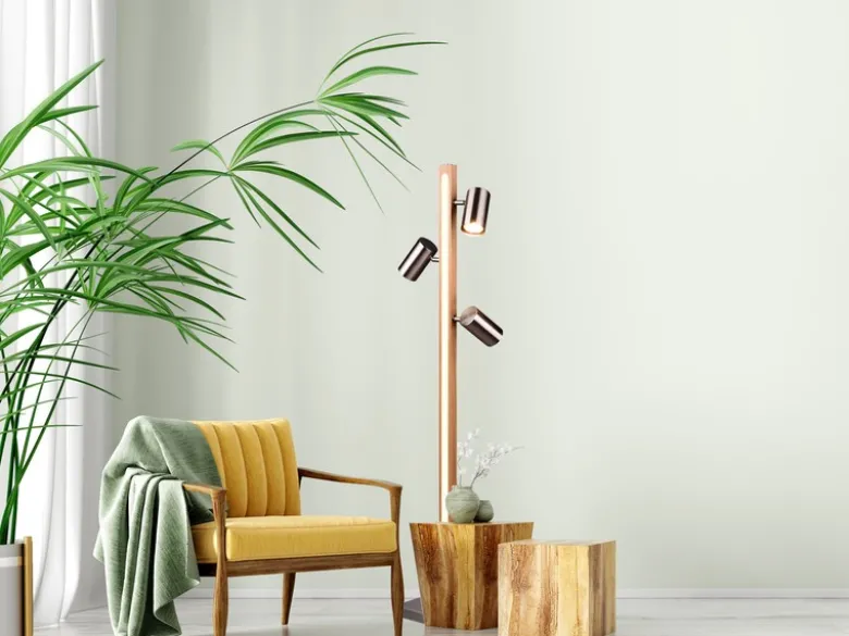 LED Stehlampe Holz / Silber matt, 3 Spots schwenkbar, Höhe 130cm