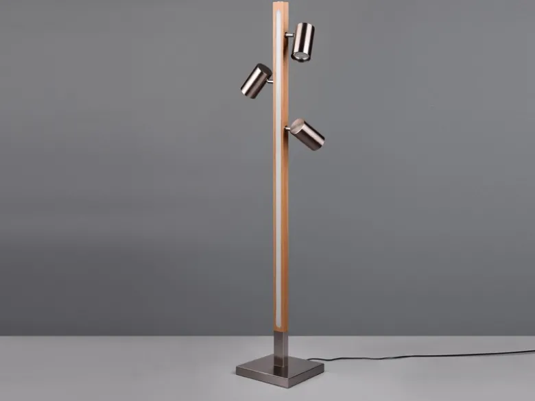 LED Stehlampe Holz / Silber matt, 3 Spots schwenkbar, Höhe 130cm