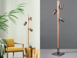 LED Stehlampe Holz / Silber matt, 3 Spots schwenkbar, Höhe 130cm