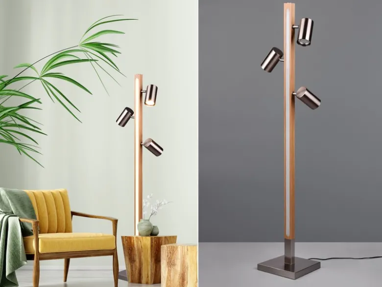 LED Stehlampe Holz / Silber matt, 3 Spots schwenkbar, Höhe 130cm