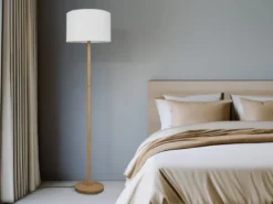 LED Stehlampe mit Stoff Lampenschirm Weiß & Holz Fuß Höhe 162cm