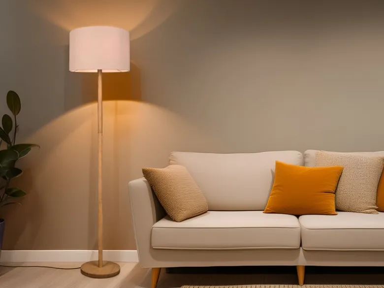 LED Stehlampe mit Stoff Lampenschirm Weiß & Holz Fuß Höhe 162cm