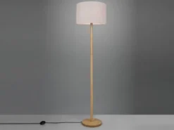 LED Stehlampe mit Stoff Lampenschirm Weiß & Holz Fuß Höhe 162cm