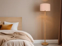 LED Stehlampe mit Stoff Lampenschirm Weiß & Holz Fuß Höhe 162cm