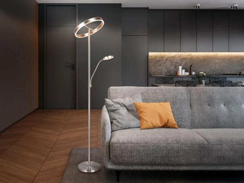 LED Stehlampe WILLIS Silber mit Leselampe, dimmbar & 3 Lichtfarben, 180cm groß