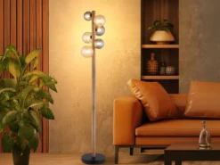 LED Stehleuchte aus Holz 6-flammig Glaskugeln Rauchglas & Bernstein, H: 150cm