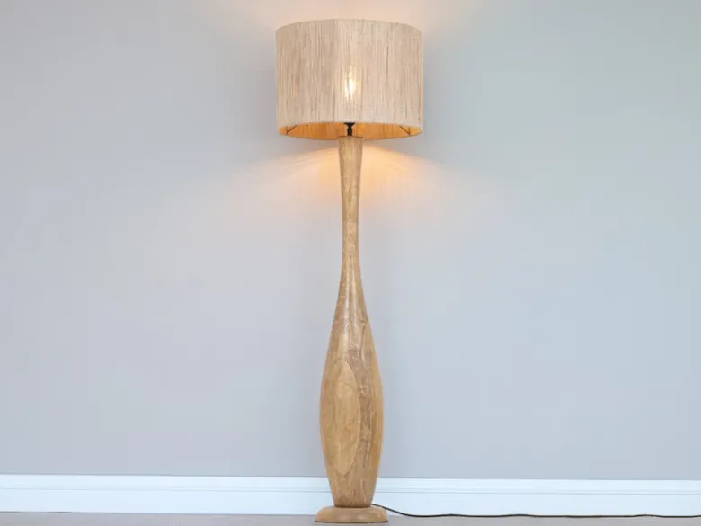 LED Stehleuchte aus Naturholz mit Lampenschirm aus Jute, Höhe 135cm