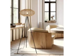 LED Stehleuchte Dreibein mit Korbgeflecht aus Sisal, Höhe 150cm