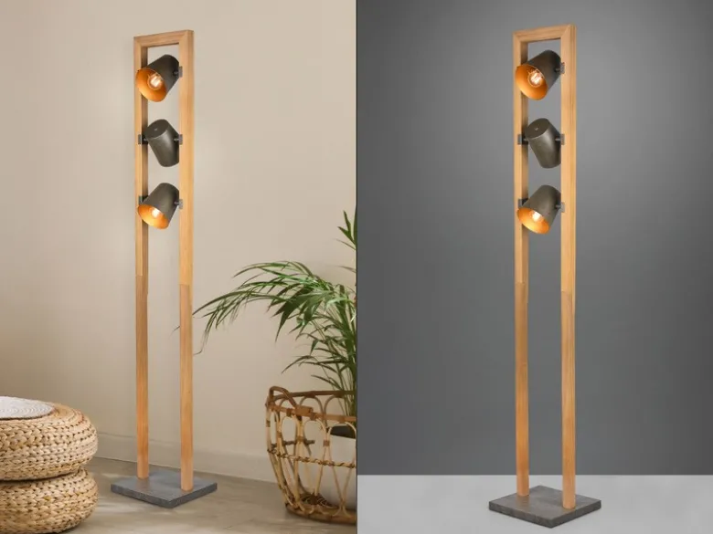 LED Stehleuchte 3-flammig aus Naturholz mit Metall Lampenschirmen, Höhe 150cm