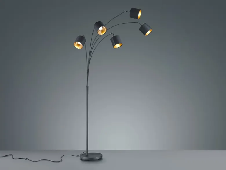 LED Stehleuchte 5 flammig Metall Stoffschirm Schwarz/Gold, Höhe 200cm