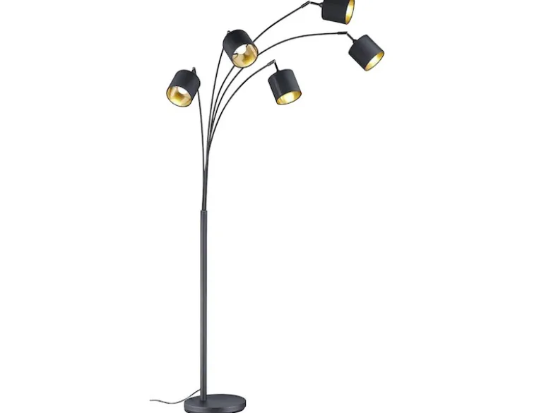 LED Stehleuchte 5 flammig Metall Stoffschirm Schwarz/Gold, Höhe 200cm