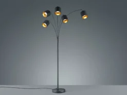 LED Stehleuchte 5 flammig Metall Stoffschirm Schwarz/Gold, Höhe 200cm