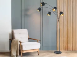 LED Stehleuchte 5 flammig Metall Stoffschirm Schwarz/Gold, Höhe 200cm