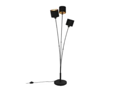 LED Stehleuchte 3 flammig Metall, Stoffschirm Schwarz Gold, Höhe 150cm