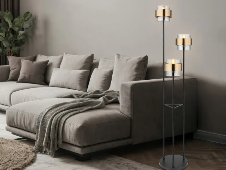 LED Stehleuchte 3-flammig mit Rauchglas und Messingringen, Ø43cm