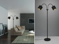 LED Stehleuchte 2 flammig, Stoffschirme Schwarz Gold, Höhe 130cm