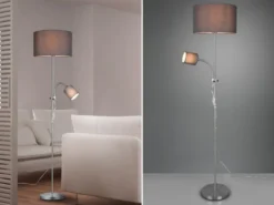 LED Stehleuchte Flexarm mit Leselicht Silber & Stoffschirme Grau - Höhe 160cm