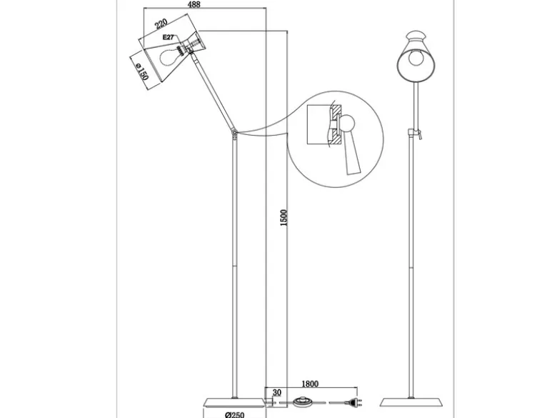 LED Stehleuchte Gelenk & Fußschalter Metallschirm in Schwarz - Höhe 150cm