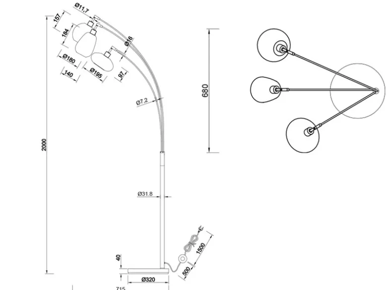 LED Stehleuchte Lampenschirm Glas Chrom bedampft, Höhe 200cm